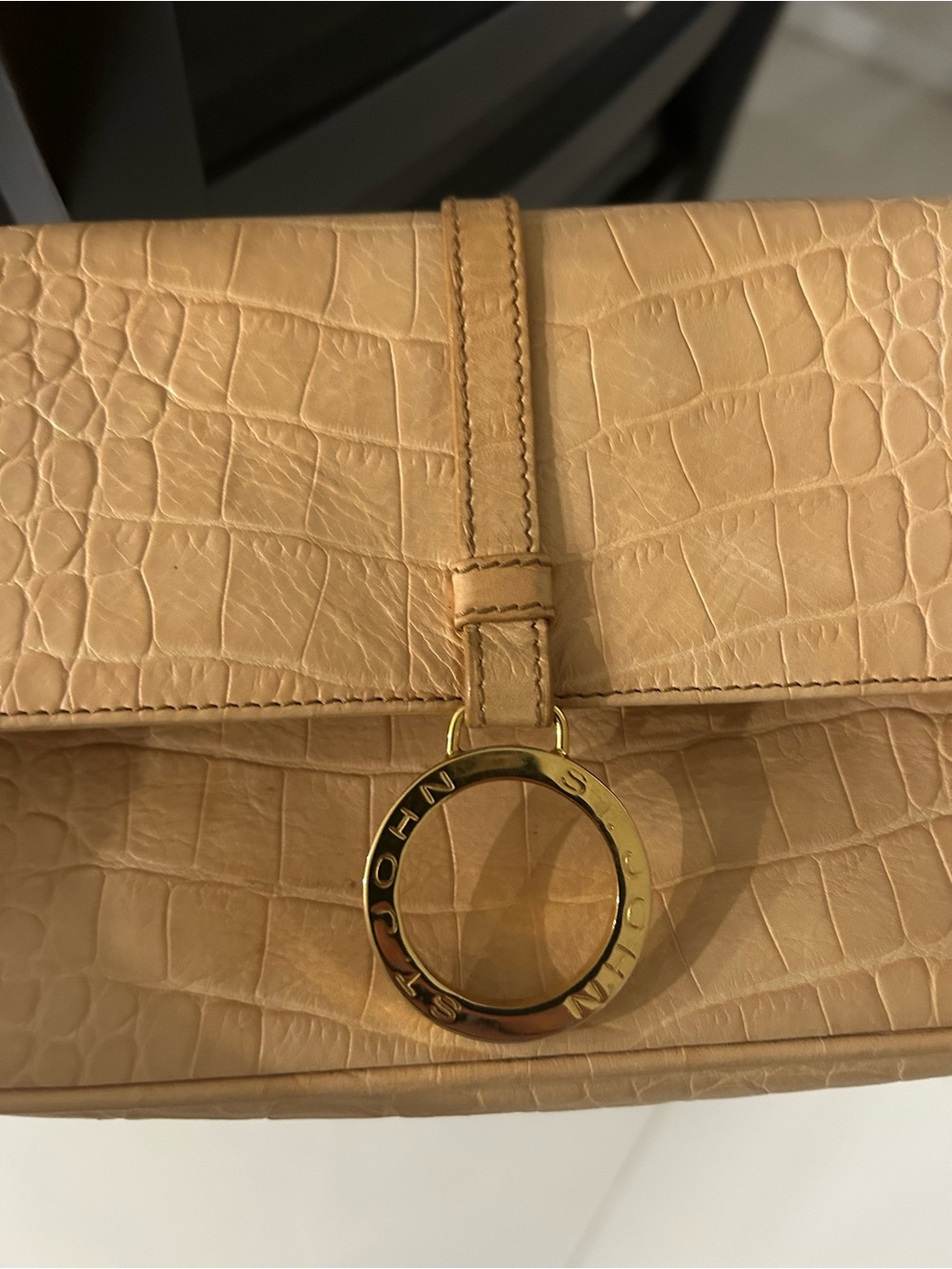 Stitched Croc-Embossed Clutch with Gold Ring Detail in Tan